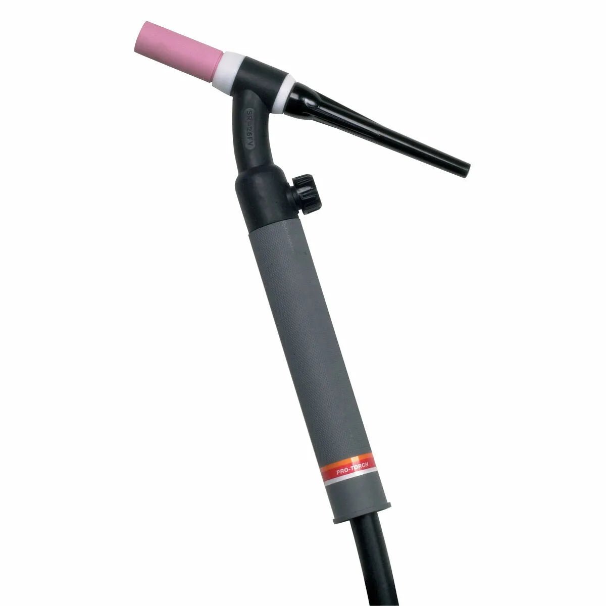 A Pro-Torch TIG torch with a pink ceramic nozzle, black handle, and textured gray grip, this air-cooled TIG torch is designed for precision welding tasks.