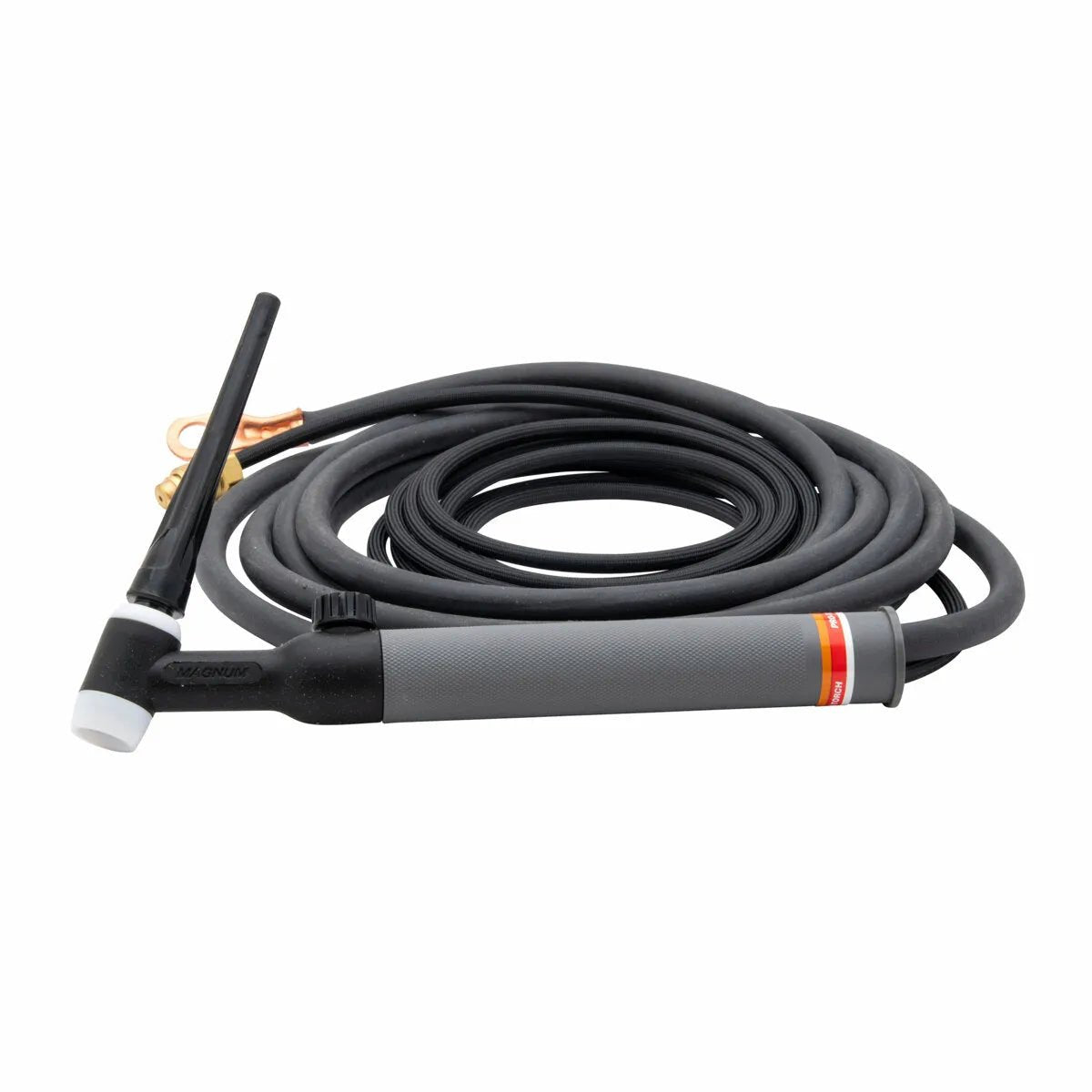 A black and gray Lincoln PTA-26V TIG Torch with attached cable, coiled neatly, featuring a white ceramic cup at the tip and brass connectors at the end of this air-cooled TIG torch.