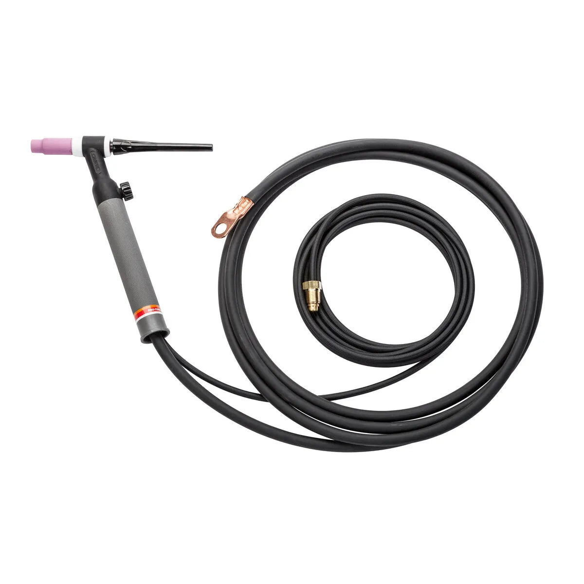 A Lincoln PTA-26V TIG Torch featuring an air-cooled design with a long black cable, pink ceramic nozzle at the tip, and a brass connector at the end for reliable performance.