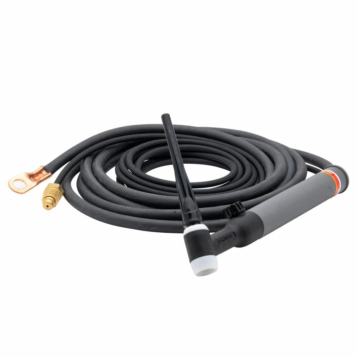 A black Lincoln PTA-26V TIG Torch with a long black hose coiled behind it, featuring a gray handle and brass and copper connectors at the ends—an air-cooled TIG torch from the durable Pro-Torch TIG torches series.