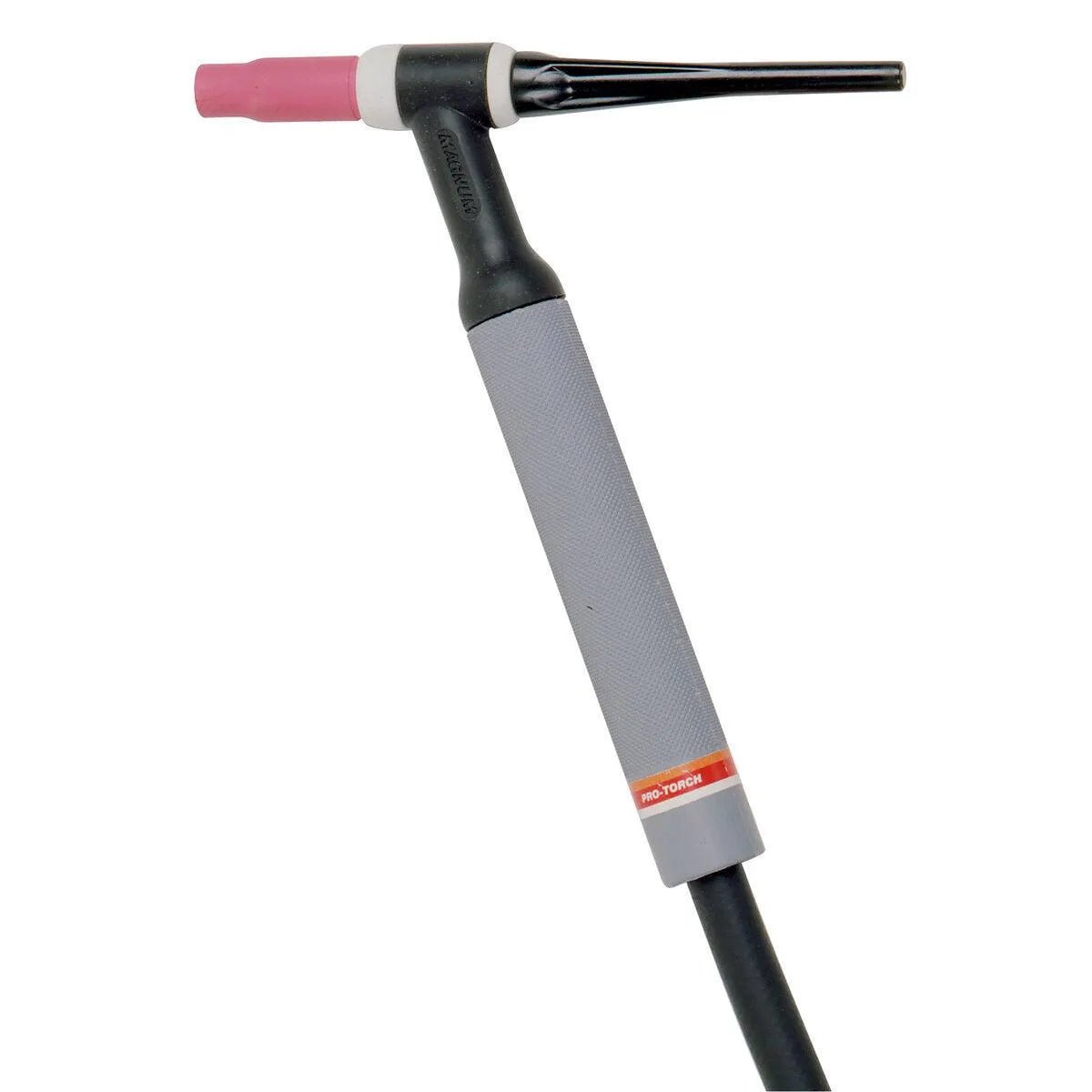 The Lincoln PTA-26V TIG Torch (25 ft 1pc) K1783-8 has a black handle, gray grip, pink ceramic nozzle, exposed metallic tip, and black cable; it is shown diagonally on a white background.