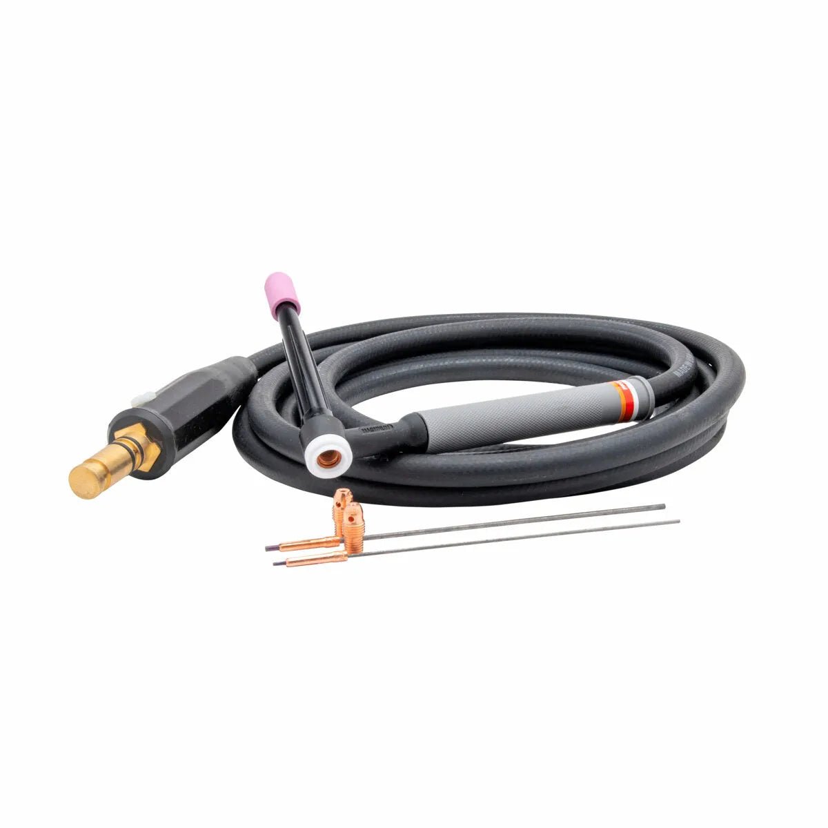 A black Lincoln PTA-9 TIG Torch (12.5 ft) K1782-16 with a pink ceramic cup and coiled hose is displayed beside two tungsten electrodes and copper-colored parts on a white background. This air-cooled TIG torch ensures precise, reliable welding performance.
