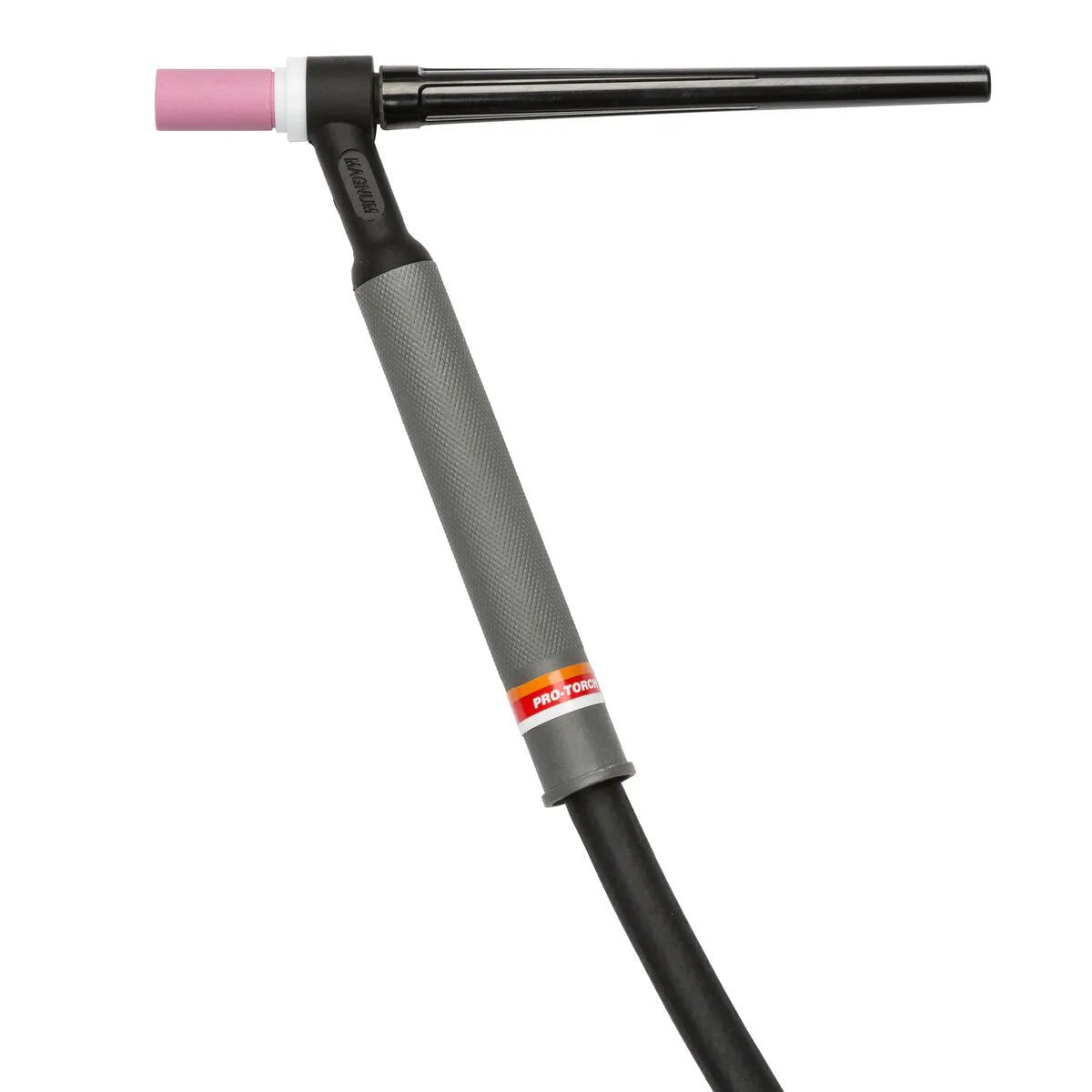 A Lincoln PTA-9 TIG Torch (12.5 ft) K1782-16 featuring a textured gray handle, black nozzle, pink ceramic cup tip, and a black cable with a red and yellow label at the handle base.