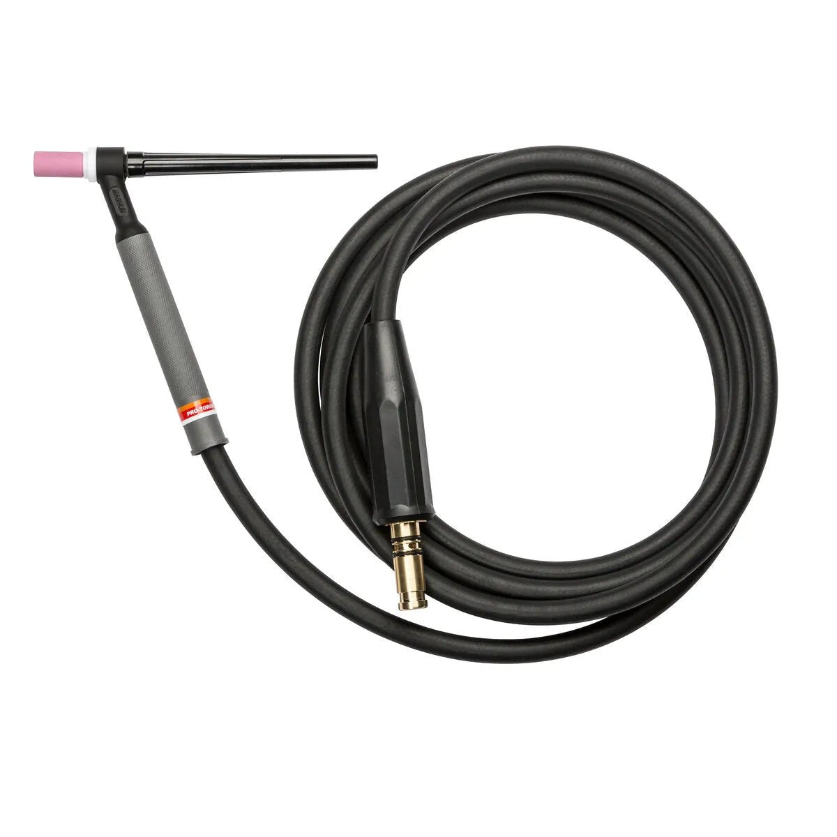 The Lincoln PTA-9 TIG Torch (12.5 ft) K1782-16 is a black air-cooled torch with a long coiled cable, pink ceramic nozzle, gray handle with red label, and metal connector for welding equipment.