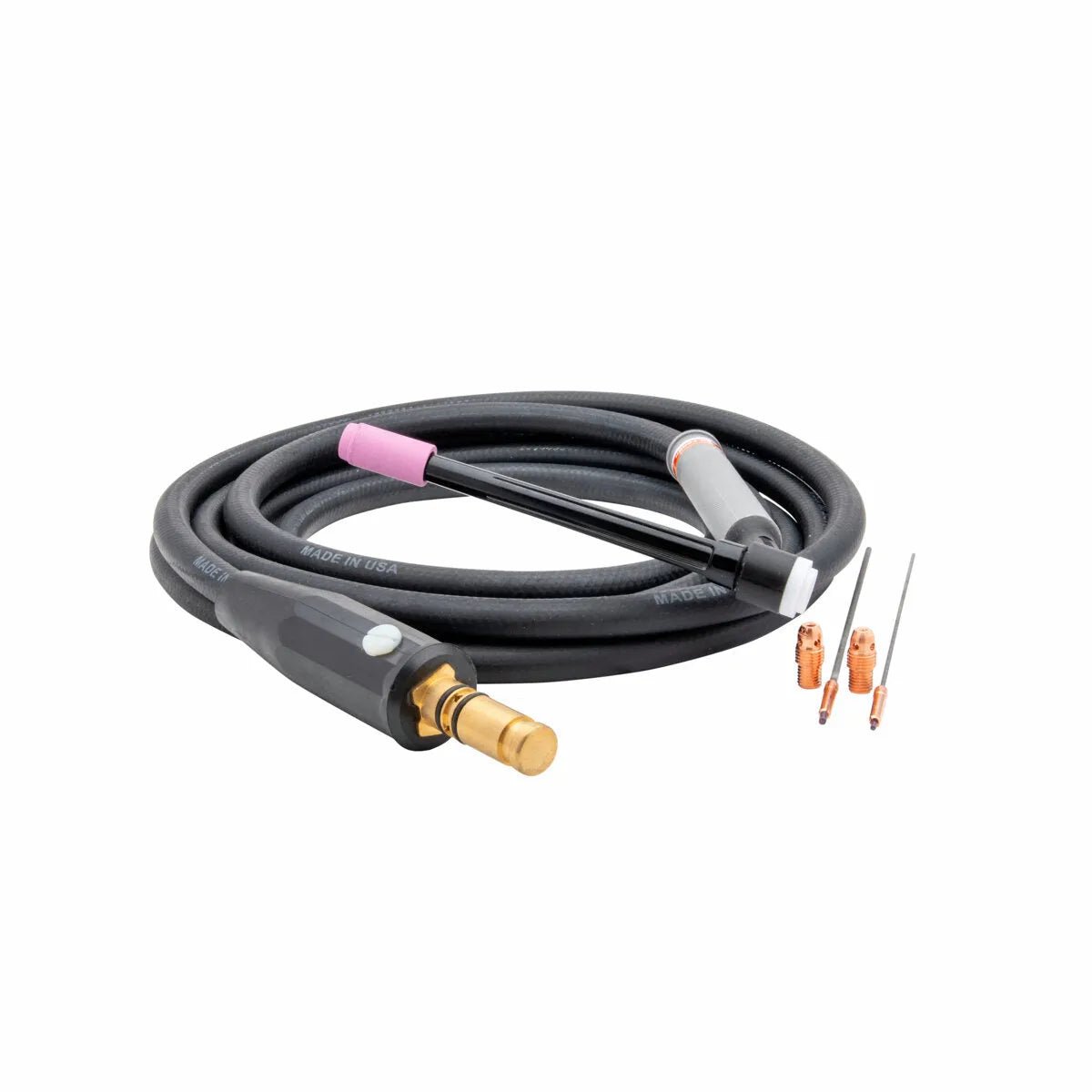 The Lincoln PTA-9 TIG Torch (12.5 ft) K1782-16 is a black air-cooled torch with a coiled cable, brass connector, pink ceramic tip, and gray-black handle. Three copper collets and two tungsten electrodes are shown beside it on a white background.