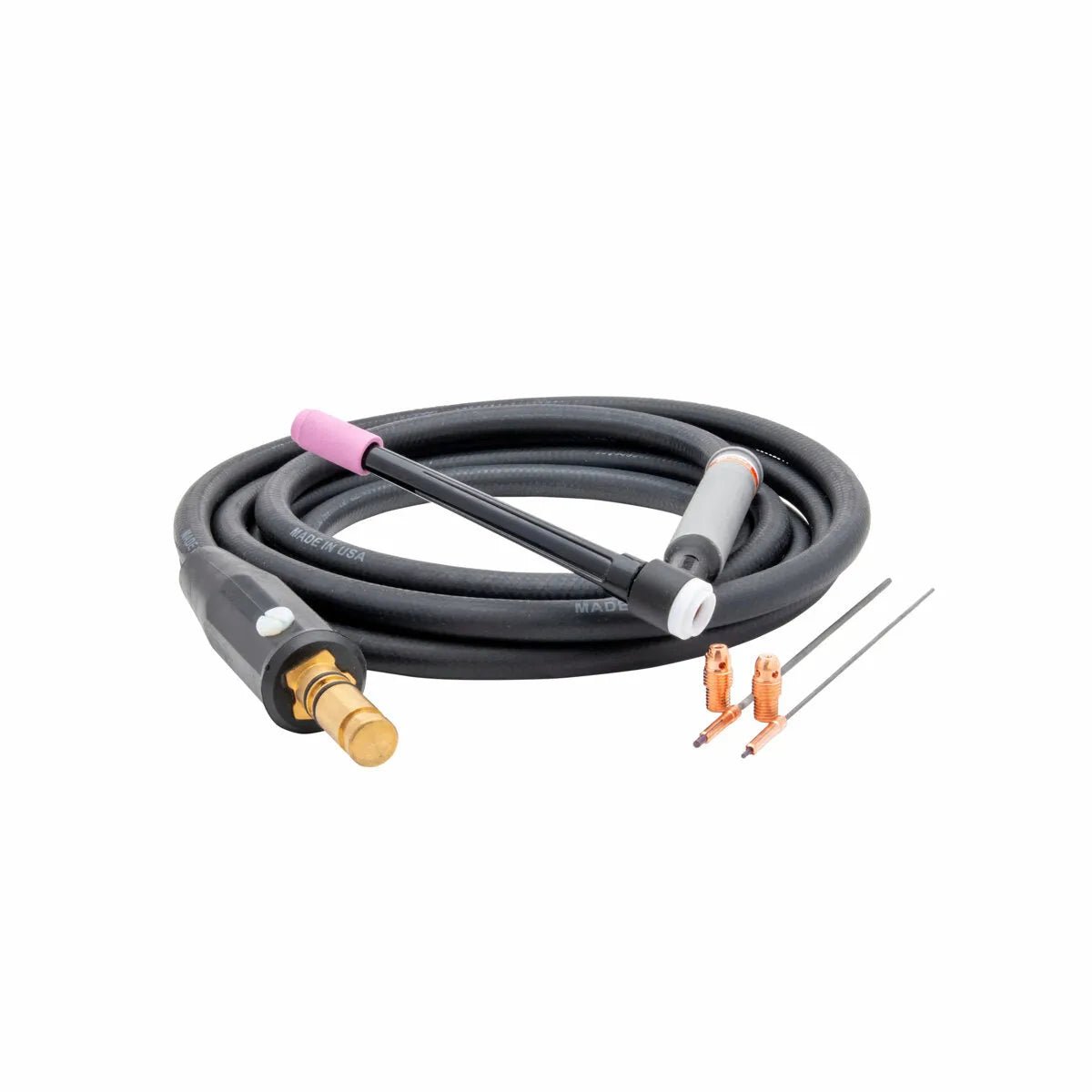 The Lincoln PTA-9 TIG Torch (12.5 ft) K1782-16 is coiled with a pink ceramic nozzle, brass connector, and attached cable; two copper collets and two silver tungsten electrodes are shown beside it on a white background.