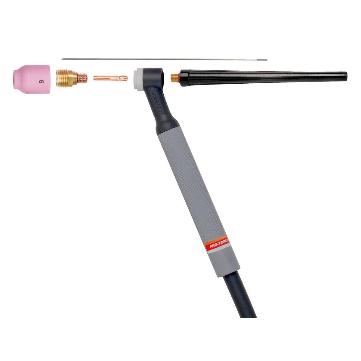 A Lincoln PTA-9 TIG Torch with its components separated: a pink ceramic nozzle, brass collet body, copper collet, tungsten rod, and black torch cap, all aligned against a white background—classic air-cooled TIG torch design.