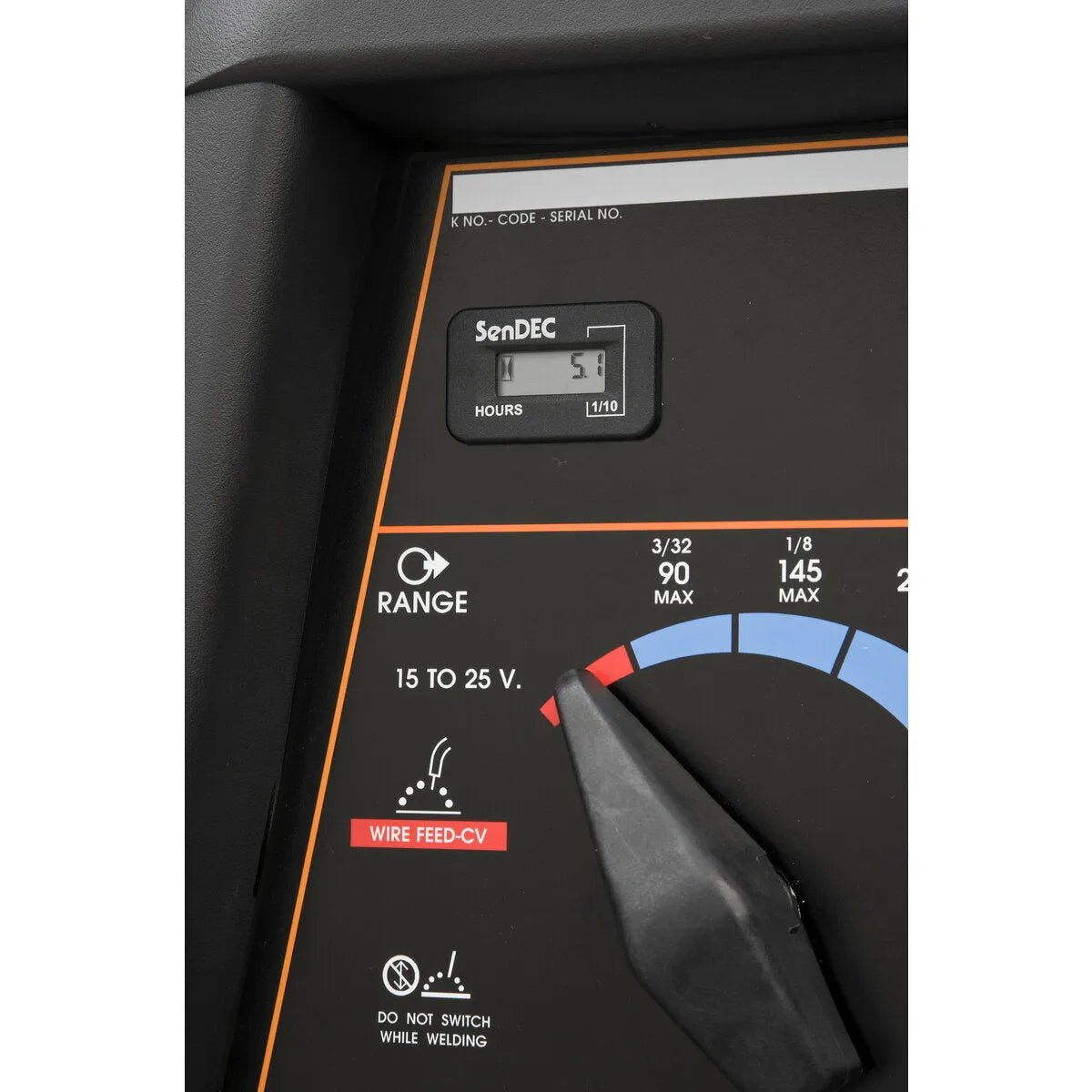 Lincoln Ranger 225 Engine Driven Welder K2857-1 control panel with hour meter, dial, and safety label for welding equipment pros.