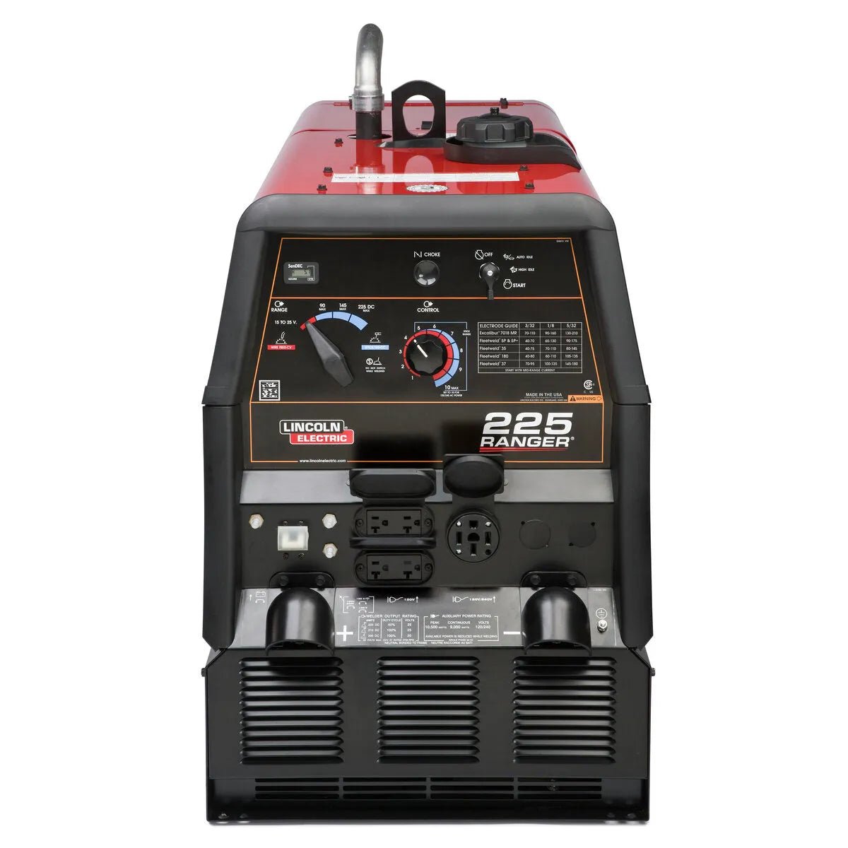 Lincoln Ranger 225 Engine Driven Welder Kohler K2857-1 with controls, power outlets on rugged black and red welding equipment panel.