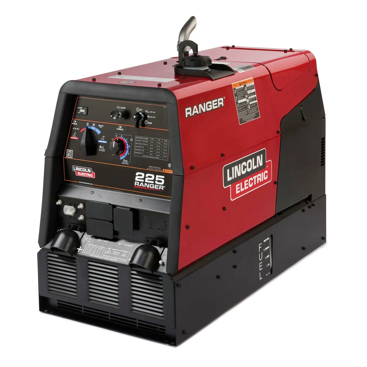 Lincoln Ranger 225 Engine Driven Welder K2857-1, red/black, portable welding equipment with controls, on white background.