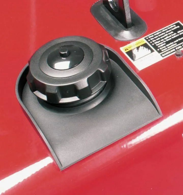 Close-up of fuel cap and warning label on Lincoln Ranger 250 GXT Engine Driven Welder—WeldingMart welding equipment accessory.