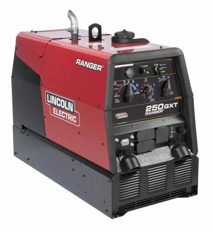 Lincoln Ranger 250 GXT Kohler welder, red/black, low hour demo, with control knobs, gauges, and sockets for welding equipment.