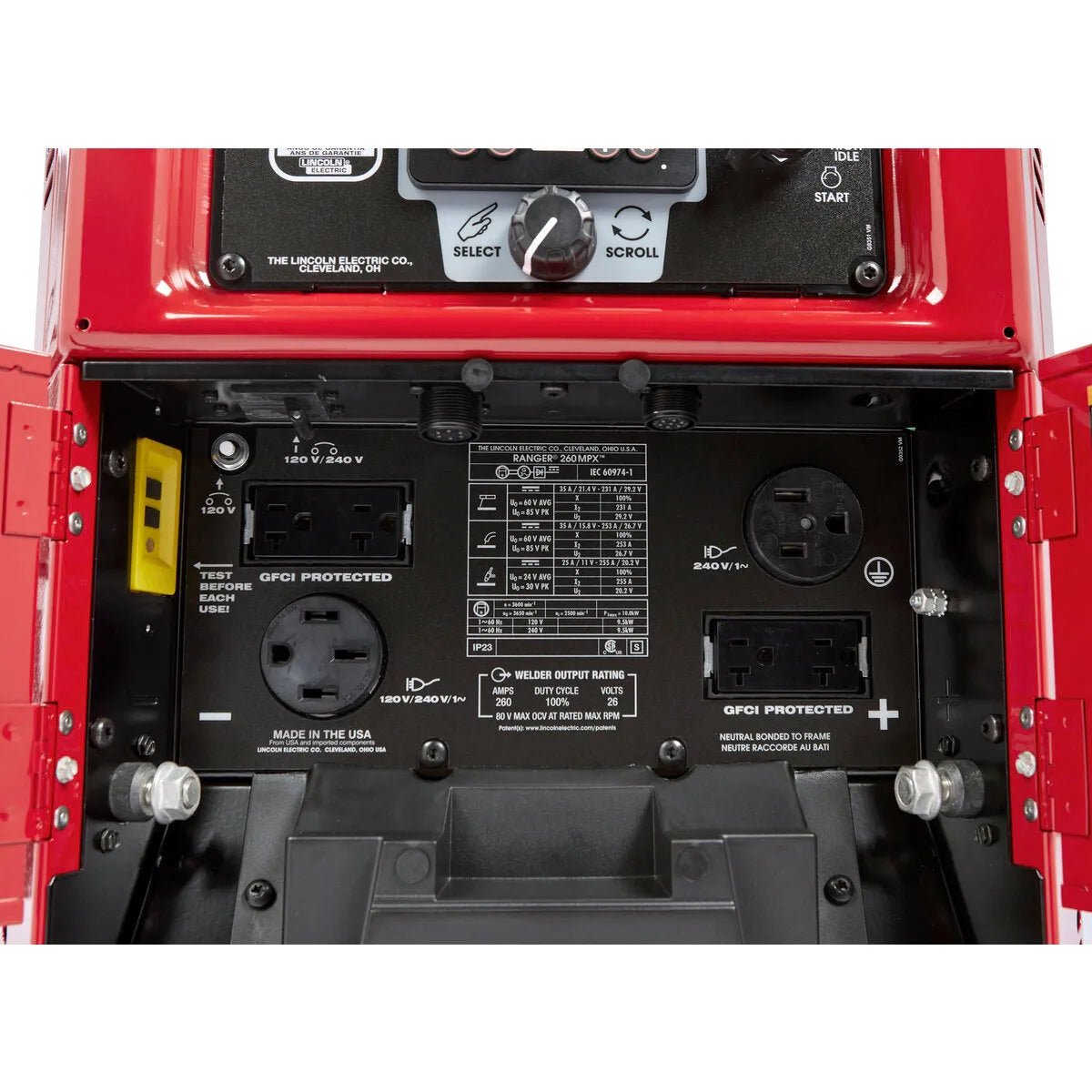 Lincoln Ranger 260MPX Engine Welder Kohler K3458-1 control panel with labeled outlets, switches, specs chart in red case.