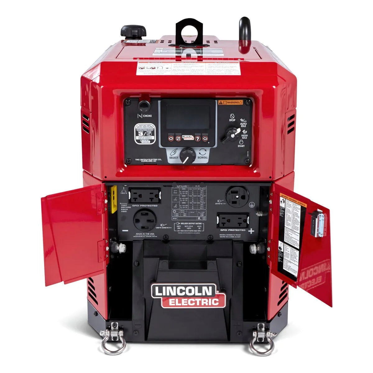Lincoln Ranger 260MPX Engine Driven Welder Kohler K3458-1, red, open panels, outlets, controls, handle, WeldingMart equipment.