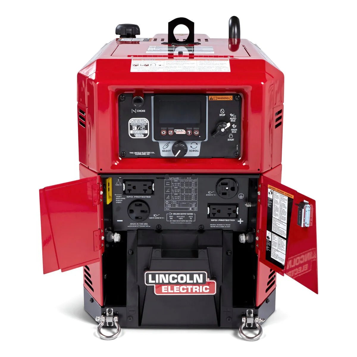 Lincoln Ranger 260MPX Engine Driven Welder Kohler K3458-1, red, open panels, outlets, controls, handle, WeldingMart equipment.