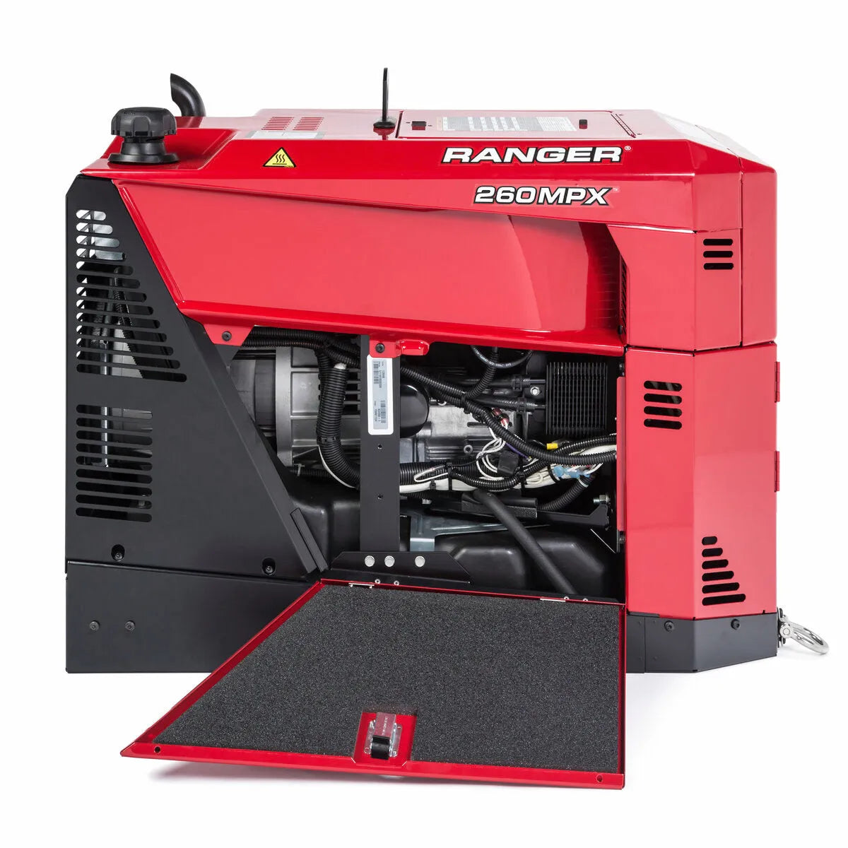 Lincoln Ranger 260MPX Engine Driven Welder Kohler K3458-1, red, side open, shows internal welding components—WeldingMart tool.