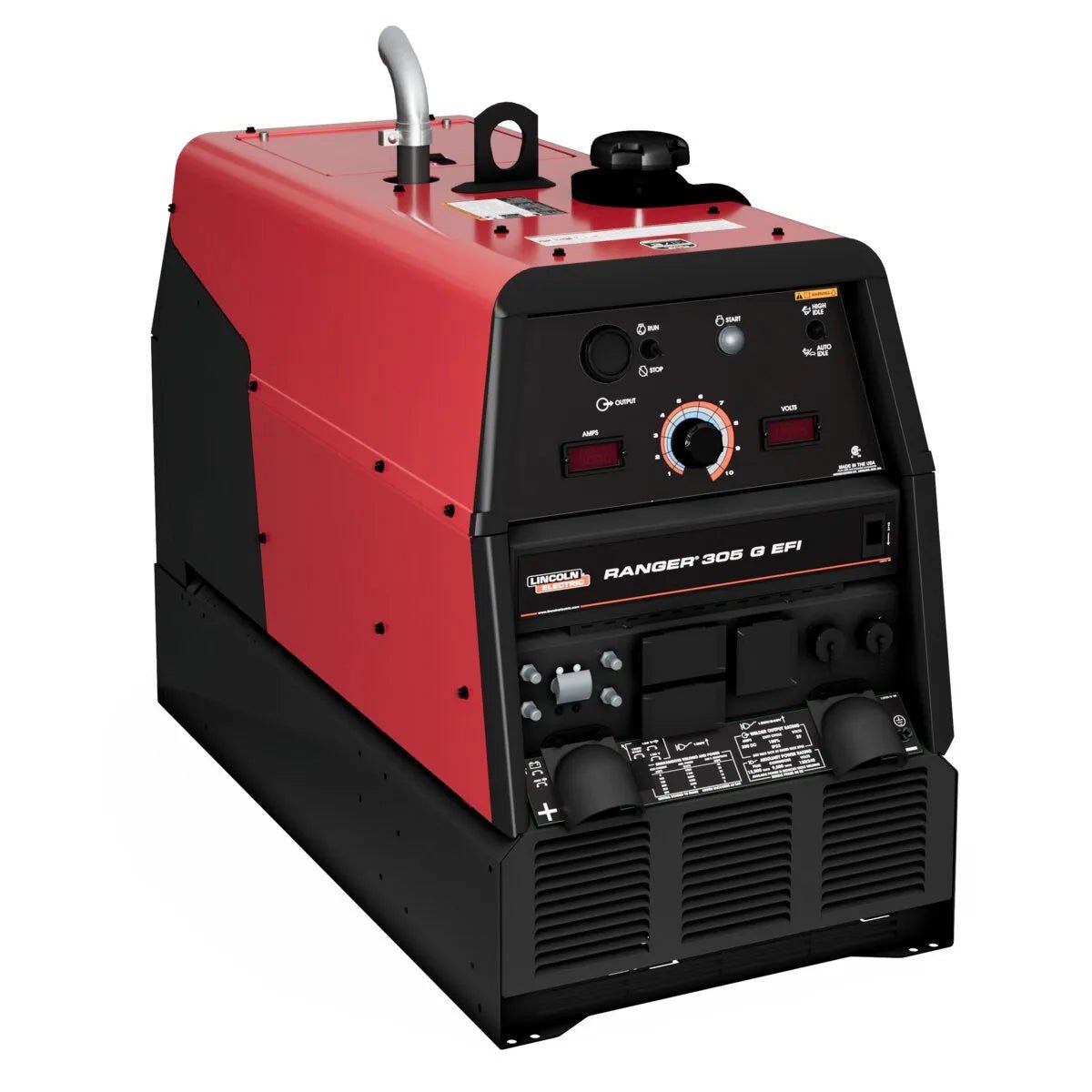 Lincoln Ranger 305 G EFI welder/generator with Kohler engine, red/black, EFI, front control knobs, gauges, and ports. WeldingMart.