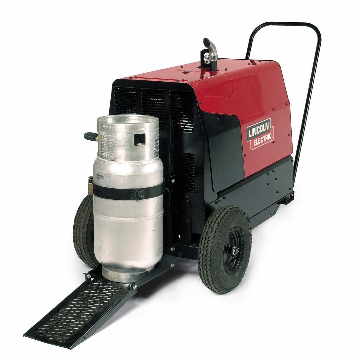 Lincoln Ranger 305 LPG Engine Driven Welder with wheels, handle, and gas cylinder, red/black, top welding equipment at WeldingMart.