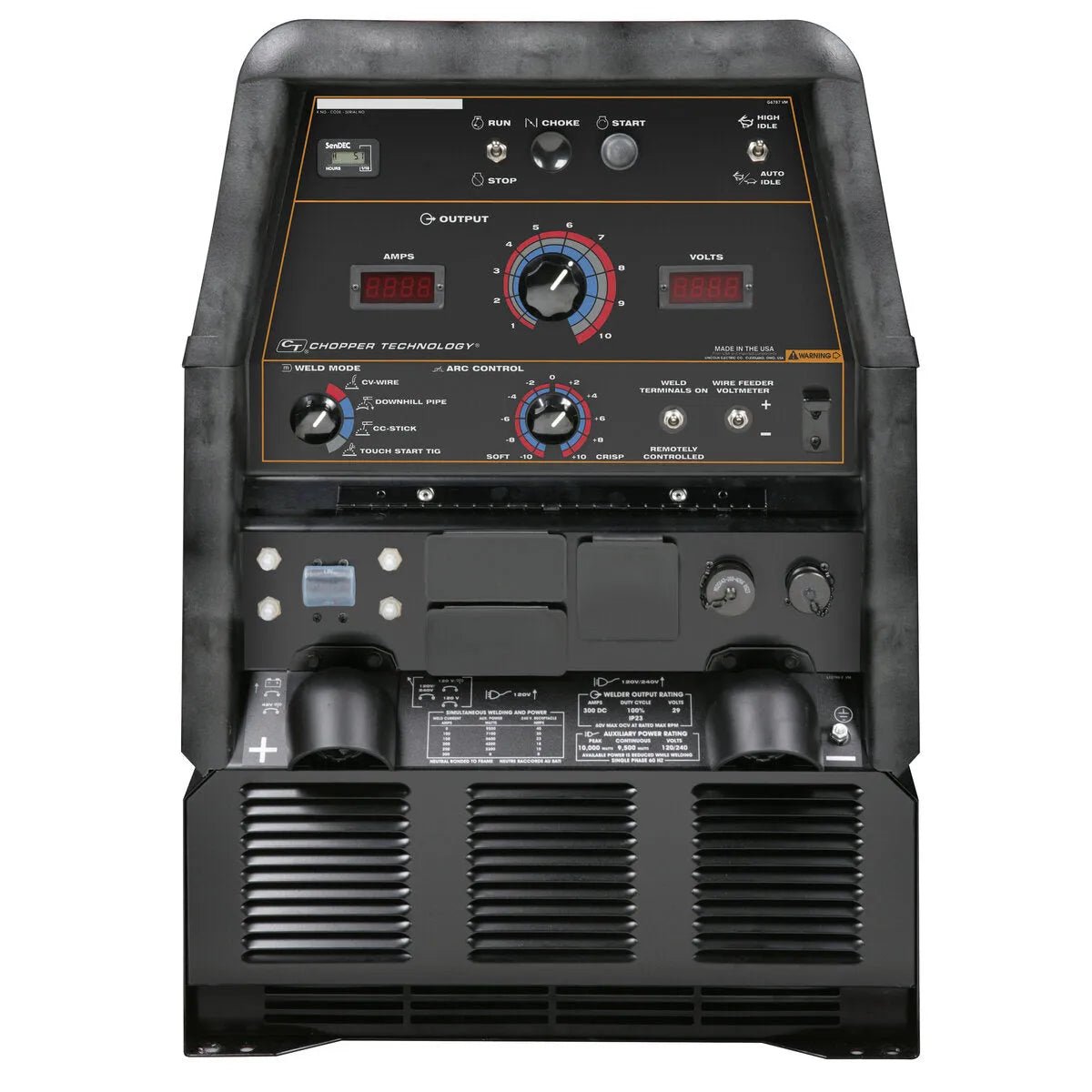 Lincoln Ranger 305 LPG engine-driven welder control panel with dials, switches, digital displays, input/output ports at WeldingMart.