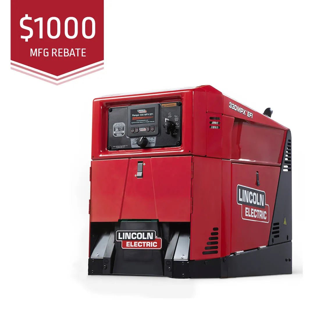 Lincoln Ranger 330MPX EFI Engine Driven Welder Kohler (K4779-1) with $1000 MFG rebate banner, welding equipment for sale.