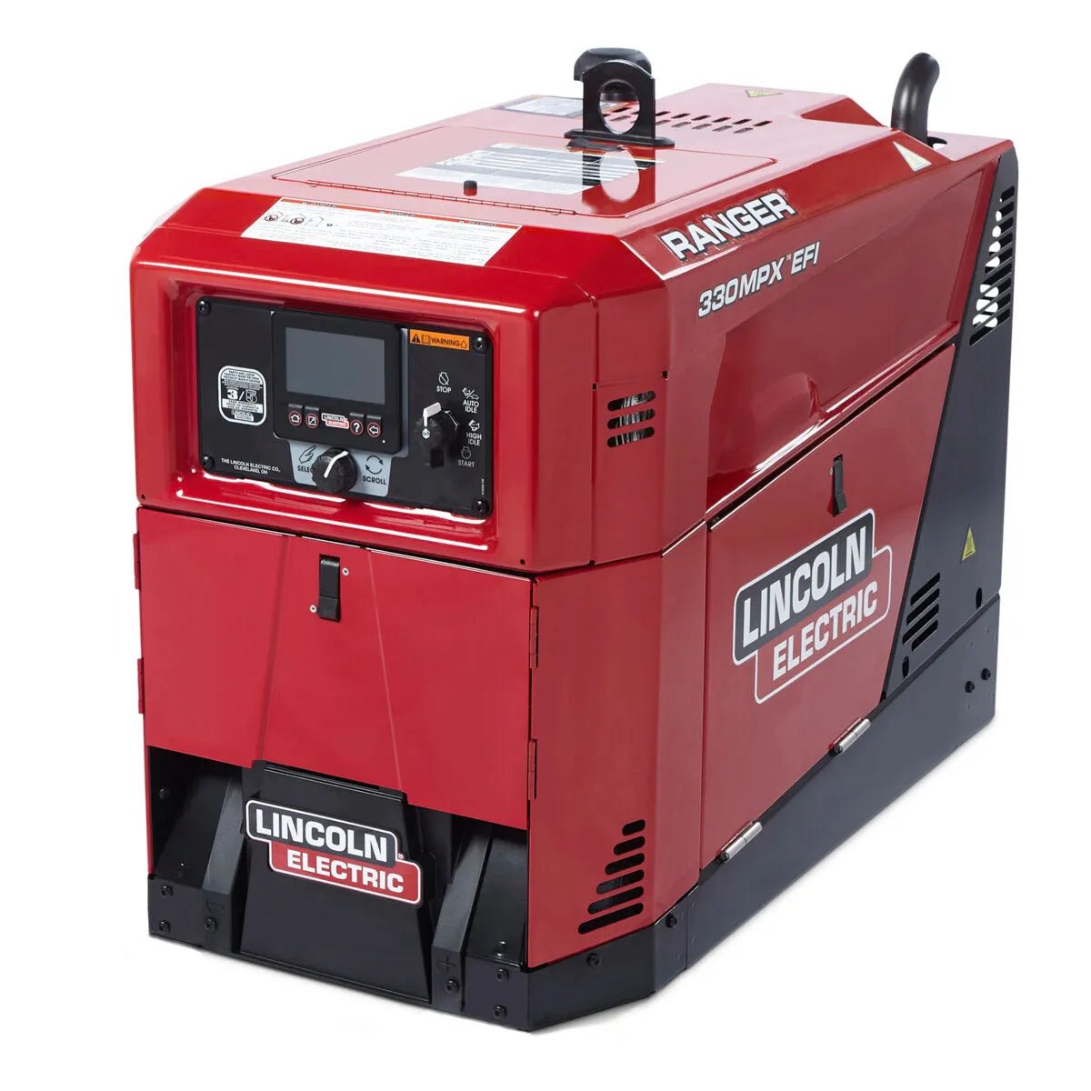 Red Lincoln Ranger 330MPX EFI Engine Driven Welder Kohler K4779-1 with digital display, control panel, WeldingMart industrial tool.