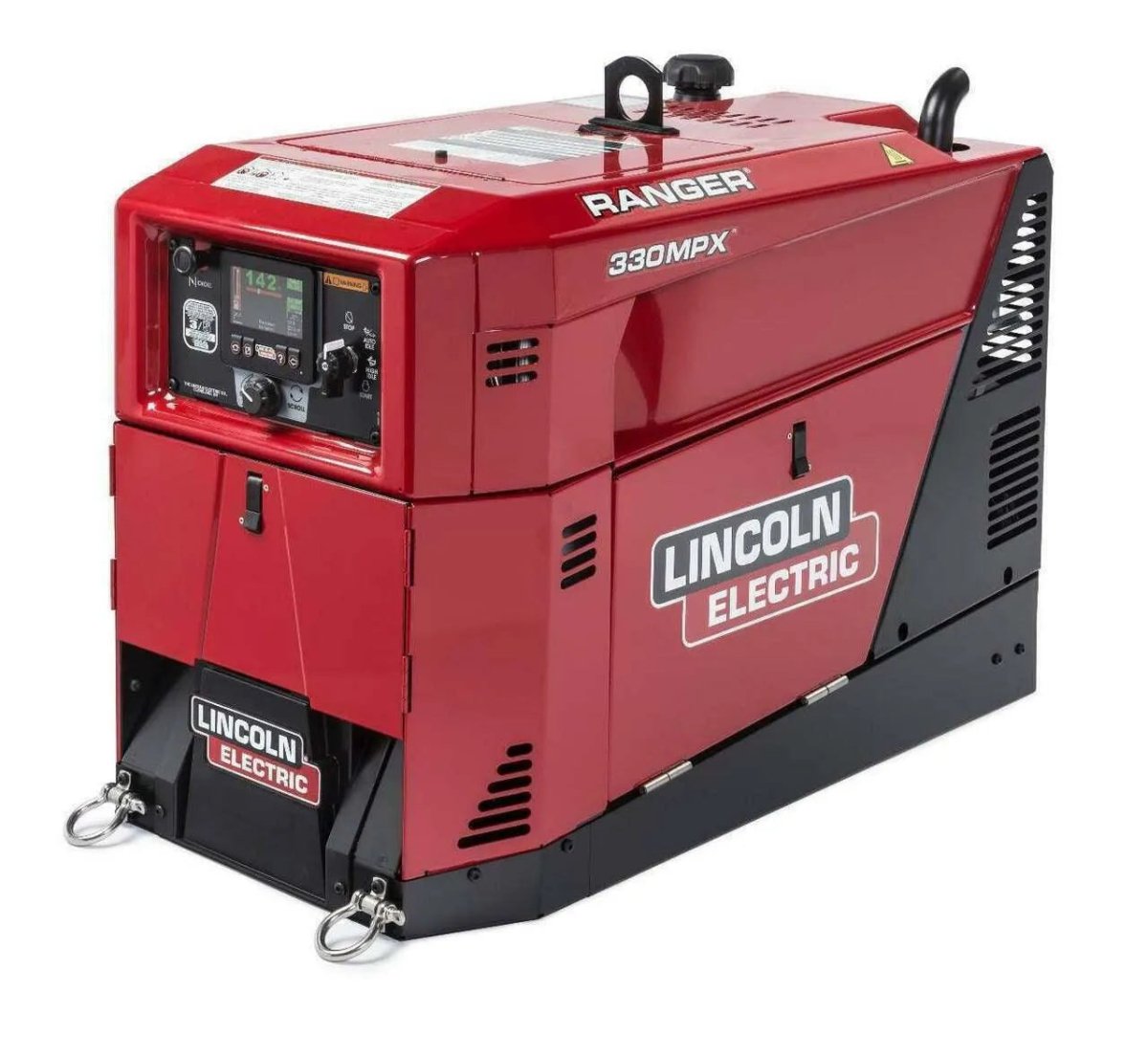 Red Lincoln Ranger 330MPX EFI engine driven welder generator, low hour demo, with Kohler engine, control panel, and handles.