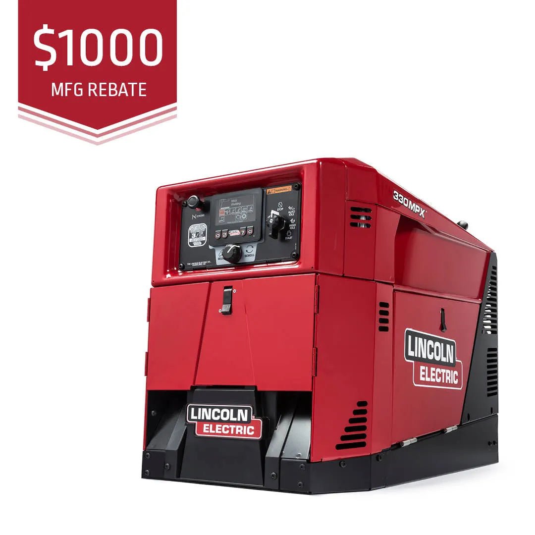 Lincoln Ranger 330MPX Engine Driven Welder Kohler K3459-1, red, with control panel and $1000 manufacturer rebate banner. WeldingMart.