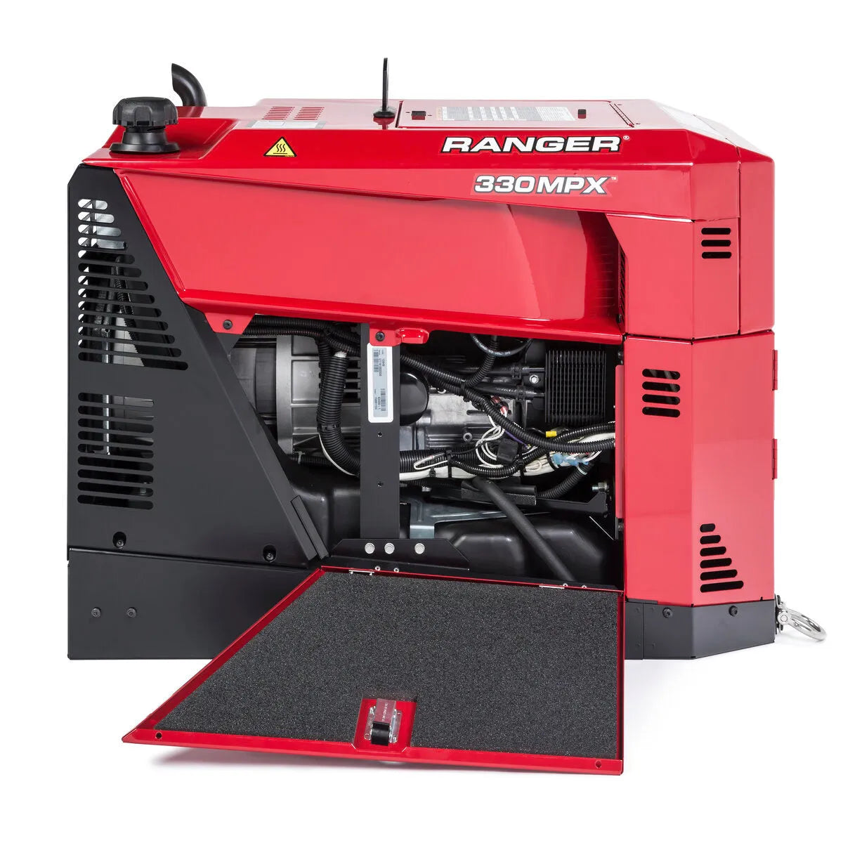 Lincoln Ranger 330MPX Engine Driven Welder Kohler (K3459-1) with open side panel showing clean, organized welding equipment controls.