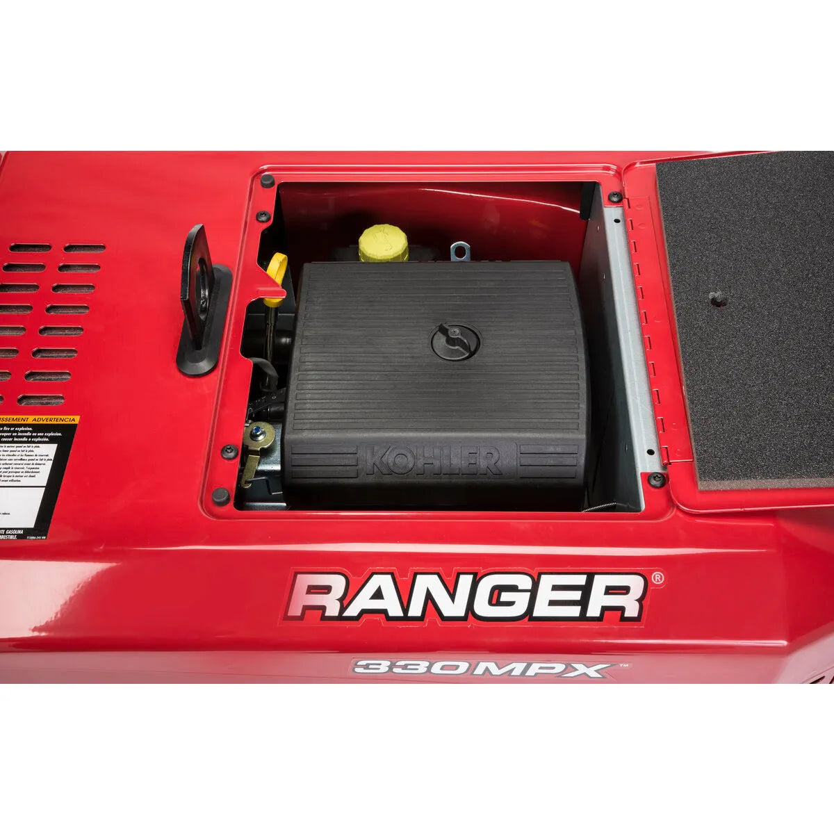 Lincoln Ranger 330MPX Engine Driven Welder Kohler K3459-1 close-up, open compartment, engine, and welding tool components visible.