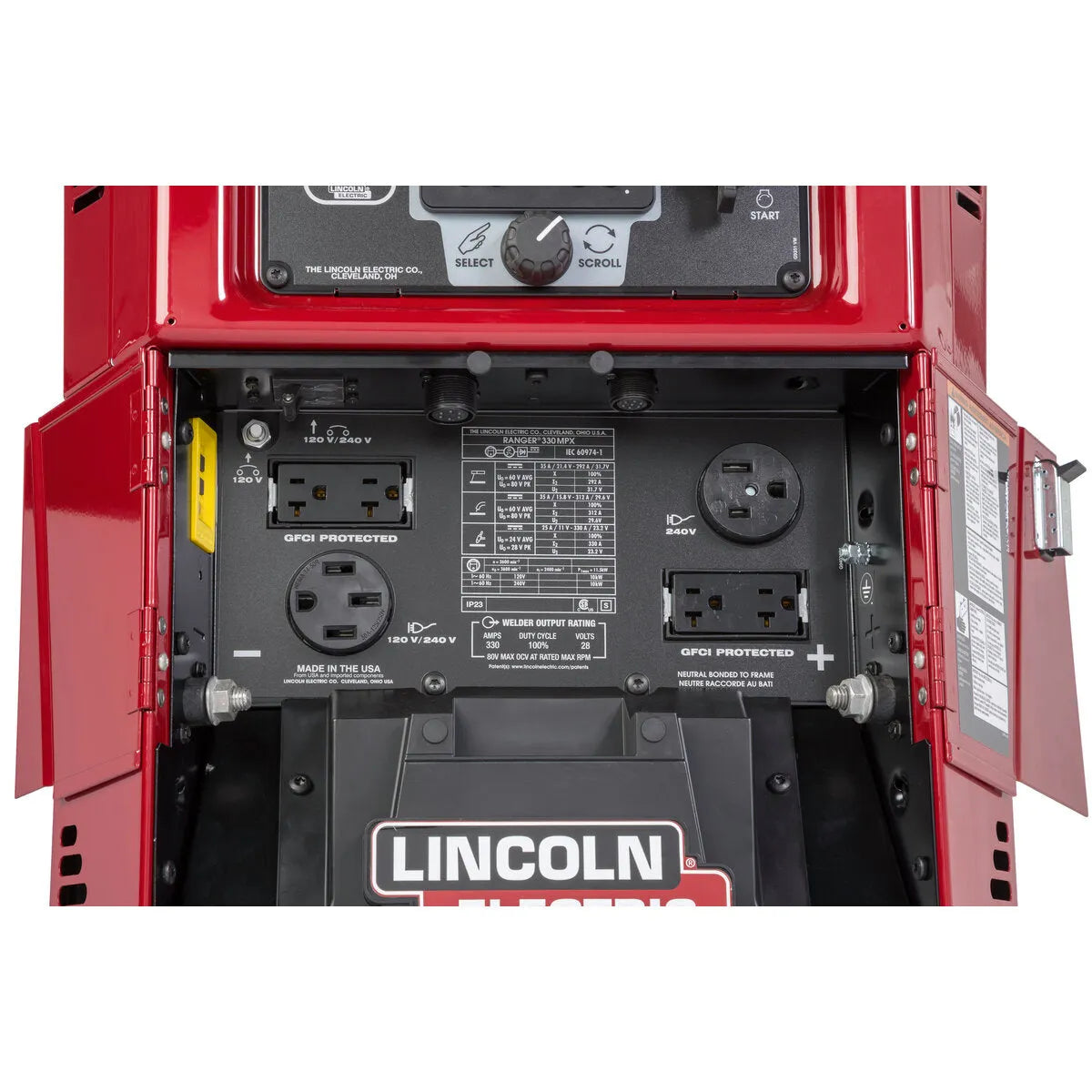 Lincoln Ranger 330MPX welder outlets and control panel with socket types, labels, safety instructions—welding equipment at WeldingMart.