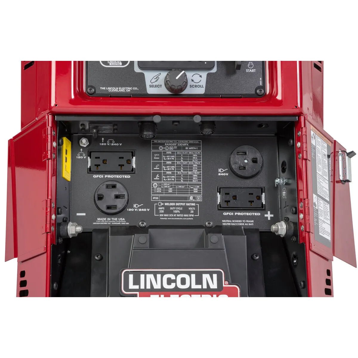 Lincoln Ranger 330MPX welder outlets and control panel with socket types, labels, safety instructions—welding equipment at WeldingMart.