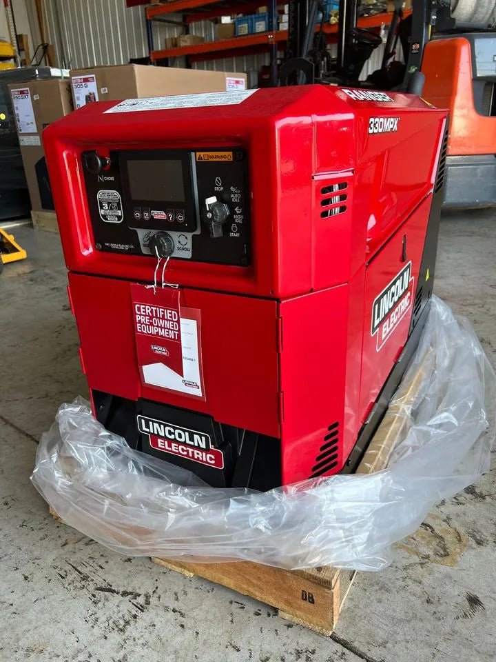 Lincoln Ranger 330MPX welder generator, factory demo, low hours, palletized, Kohler engine, Certified Pre-Owned, WeldingMart warehouse.