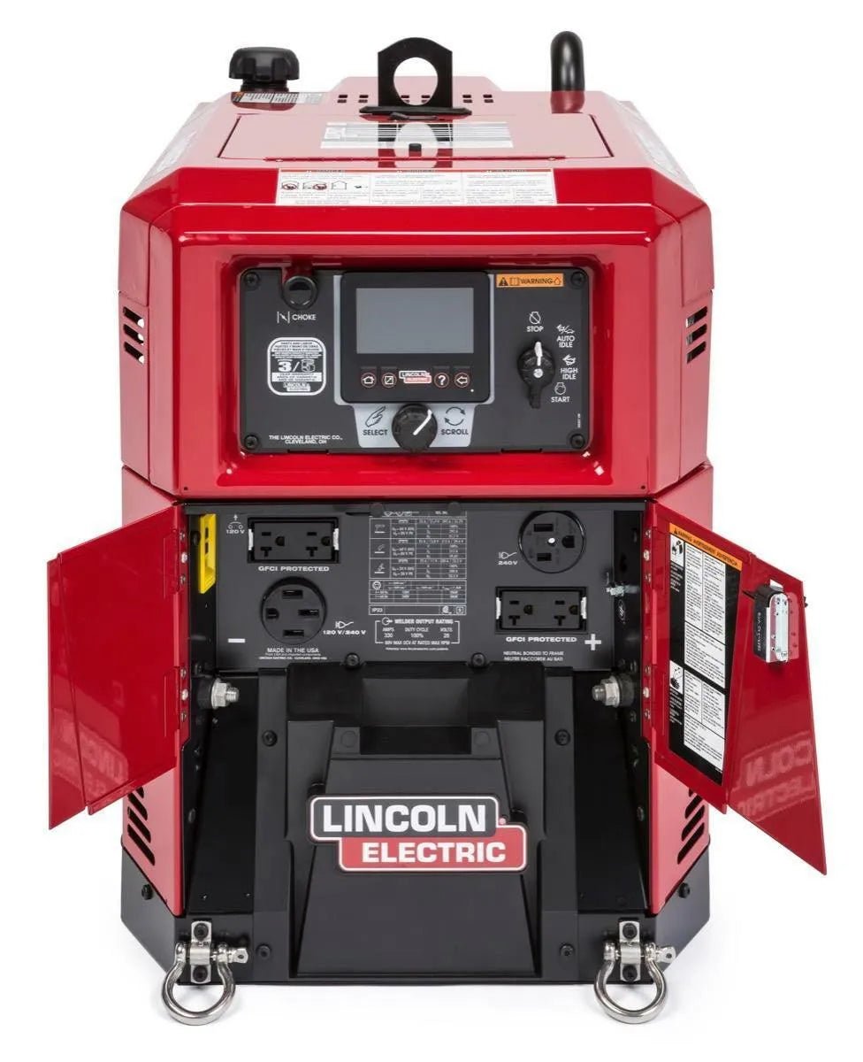 Lincoln Ranger 330MPX Engine Driven Welder Generator Kohler U3459-1 in red with open panels showing controls, outlets, display, welding tech.