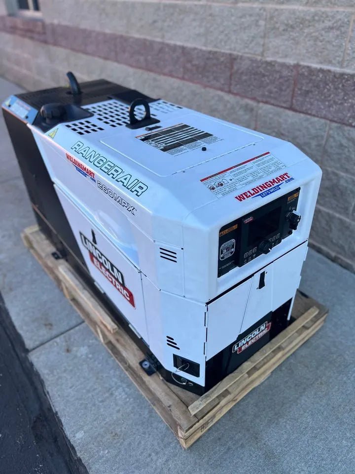 Lincoln Ranger Air 260MPX (K5238-1) multi-function welder on pallet by brick wall, control panel shown; ideal welding equipment.