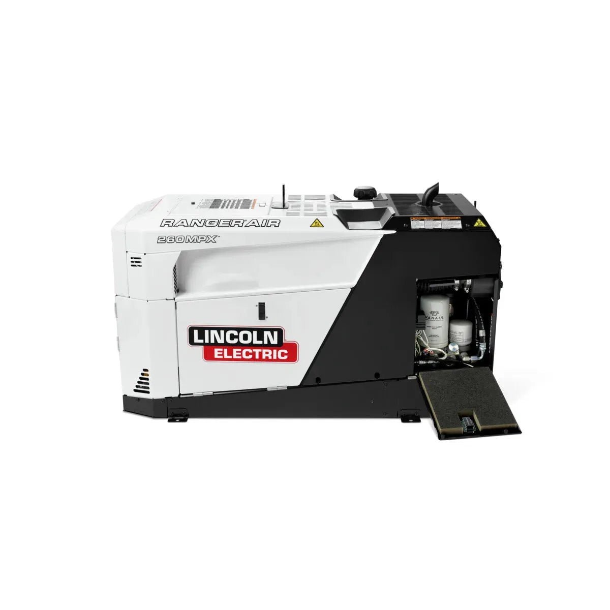 Lincoln Ranger Air 260MPX Multi-Function Engine Drive (K5238-1) welding machine with open panel showing components, on white.