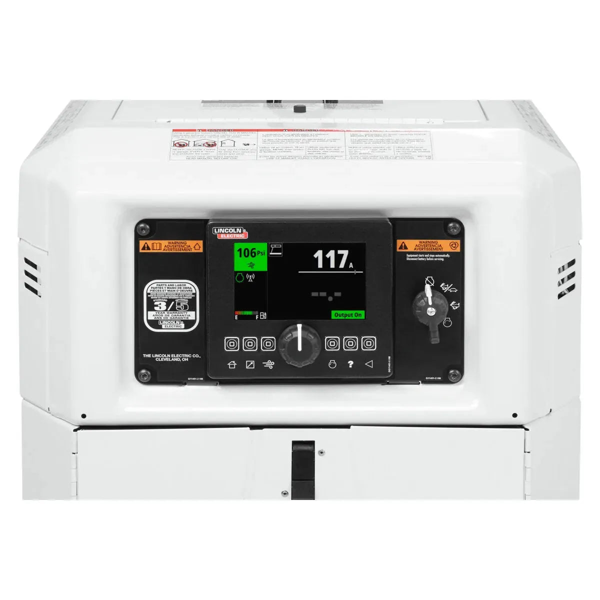 Lincoln Ranger Air 260MPX welder control panel with digital display, buttons, key switch, voltage and amperage readings shown.