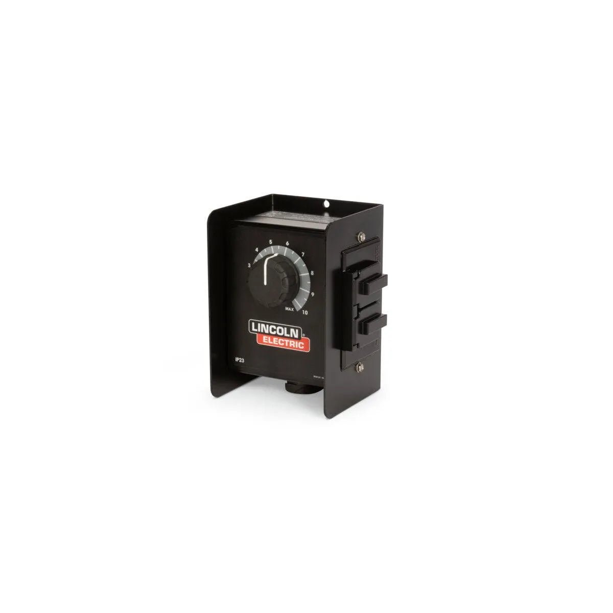 The Lincoln Remote Output Control K5312-1 is a black welding accessory with central dial, labeled settings, protective side covers, mounting holes, 12-pin universal connector, and 120 VAC receptacles. Lincoln Electric logo on front. Plain white background.
