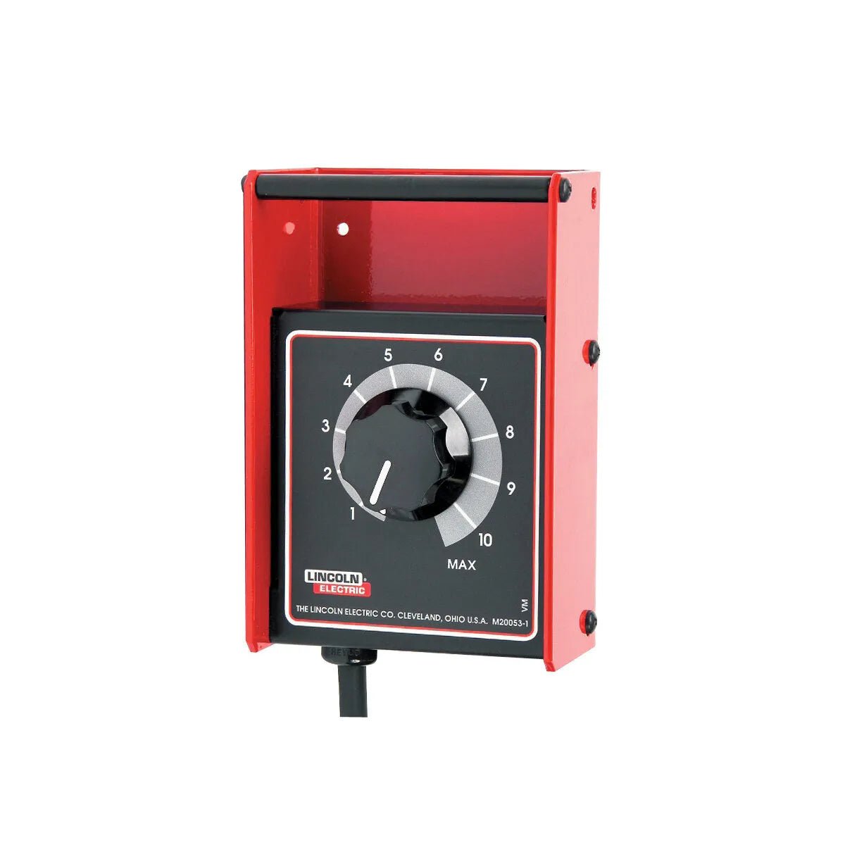 A red and black dial controller with a numbered knob from 1 to 10, labeled MIN to MAX, featuring Lincoln Electric branding at the bottom, is mounted on a metal box with a 25 foot cable and a 6 pin Amphenol connector attached.