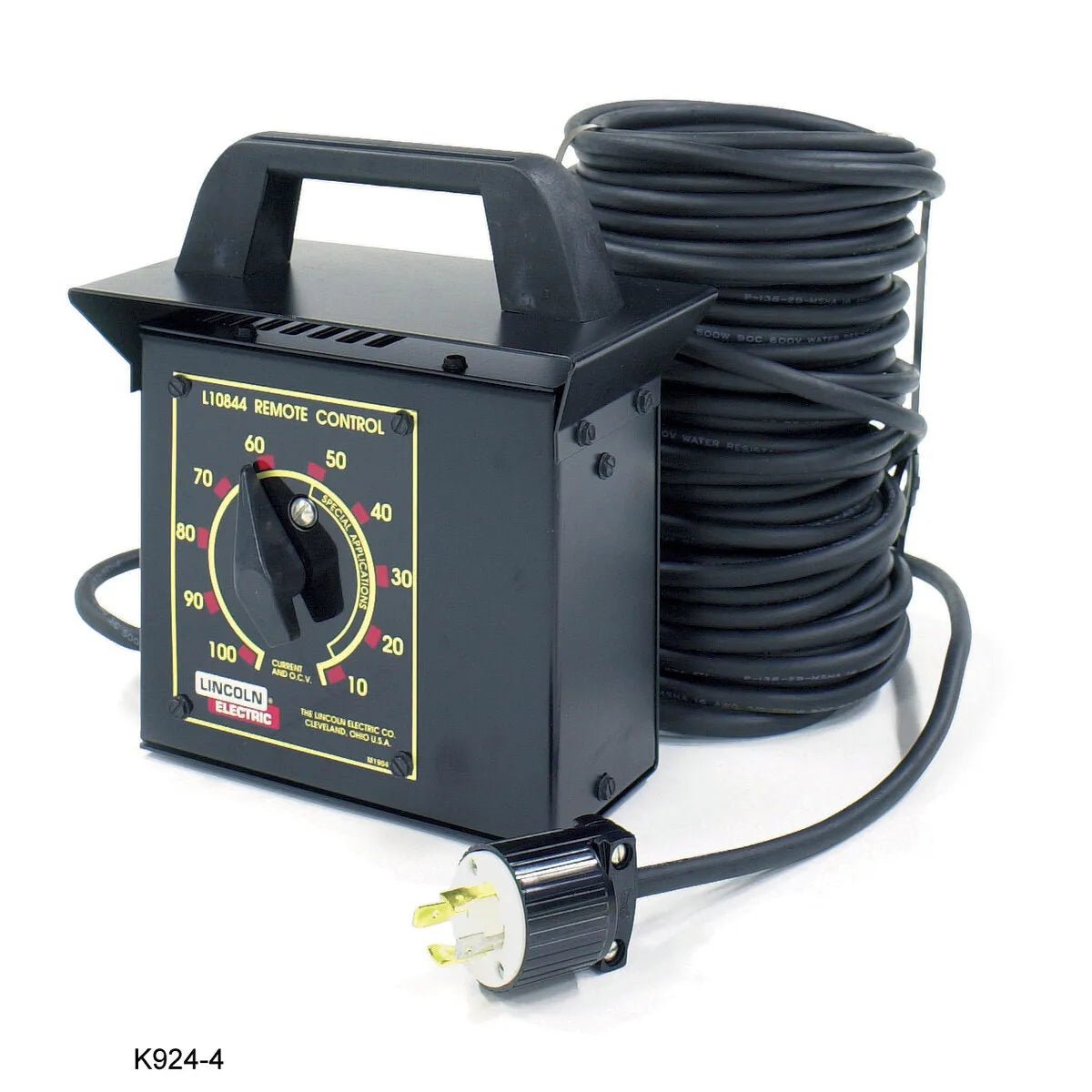 A Lincoln Remote Output Control unit featuring a large rotary dial, carrying handle, long coiled cable, and a three-prong plug, designed for precise control of SAE-300 HE or Classic 300 HE welding equipment.