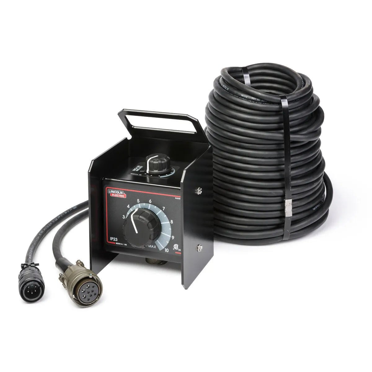 The Lincoln Remote Output Control With Min Setting – 125 ft. (38.1 m) K4330-1, featuring a large central dial and carrying handle, is shown attached to a thick cable with an additional long black coiled cable secured by black ties.