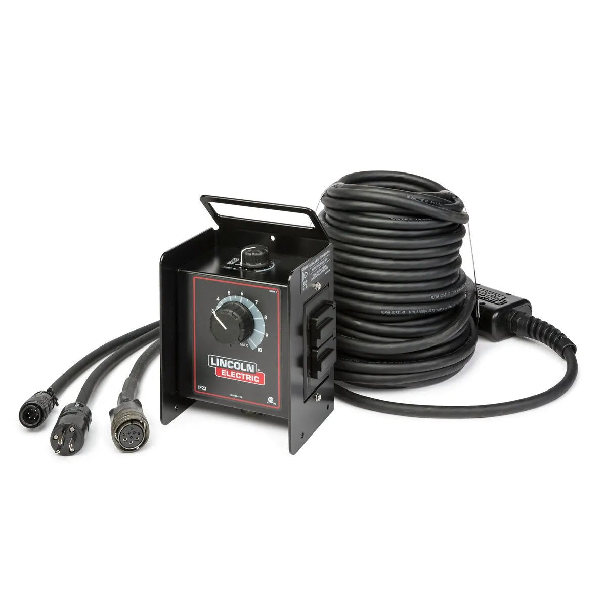 A Lincoln Remote Output Control With Min Setting & 120 VAC Receptacles – 125 ft. (38.1 m) K4268-1, black with dial, switches, handle, red/white labels, two multi-pin cables, and a long coiled power cord for welding.