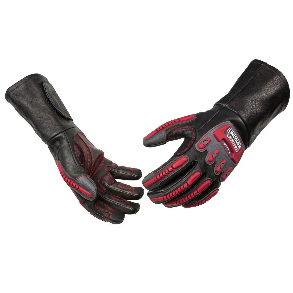 The Lincoln Roll Cage Welding Rigging Gloves XL (K3109-XL) offer heat resistance, knuckle protection, reinforced fingers, long cuffs, and durable grip. Black and red with visible stitching, these gloves ensure safety and comfort for welding or rigging tasks.