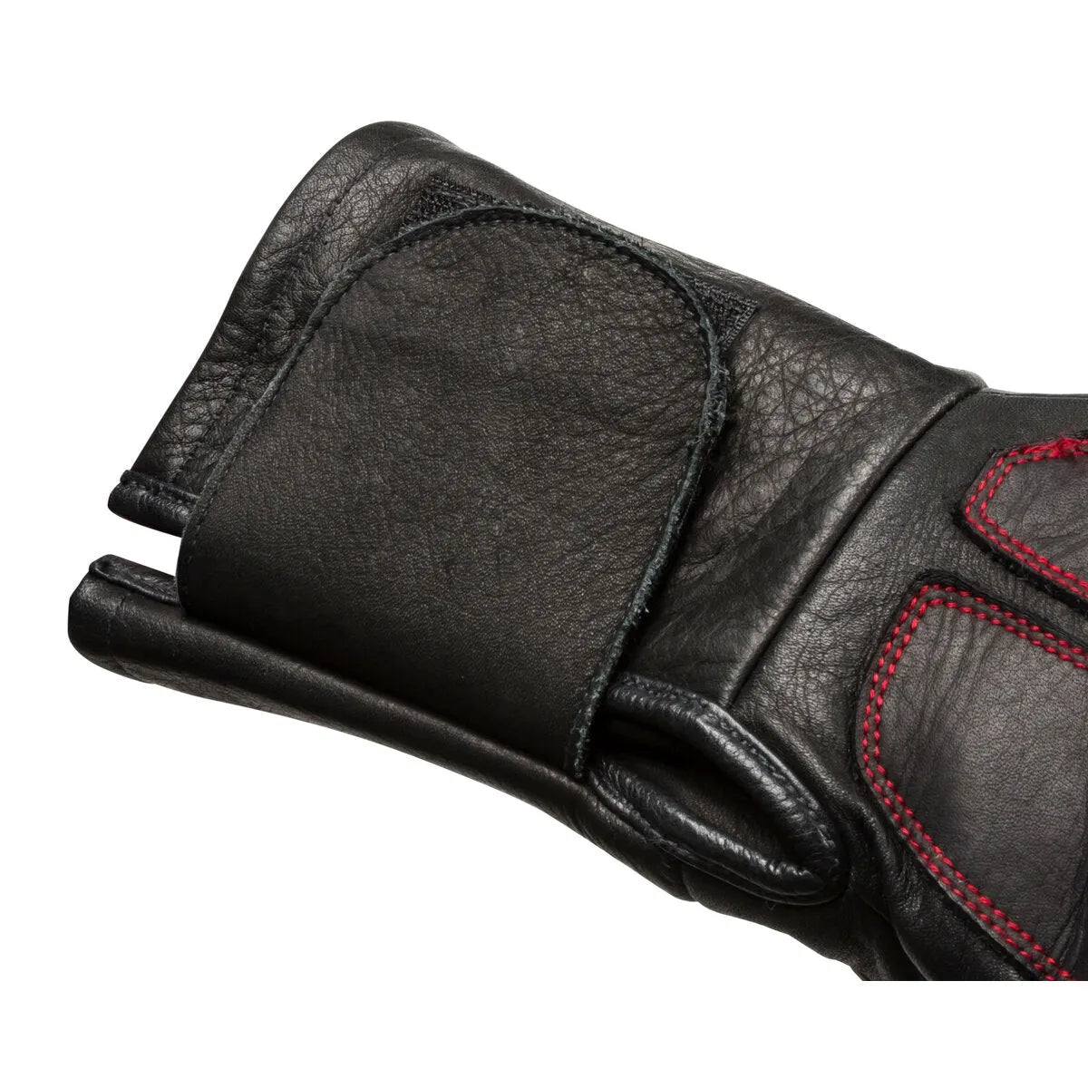A close-up of the Lincoln Roll Cage Welding Rigging Gloves XL K3109-XL in black leather with red stitching, showing knuckle protection, padded wrist, and an adjustable Velcro-secured flap. The textured leather surface is clearly visible.