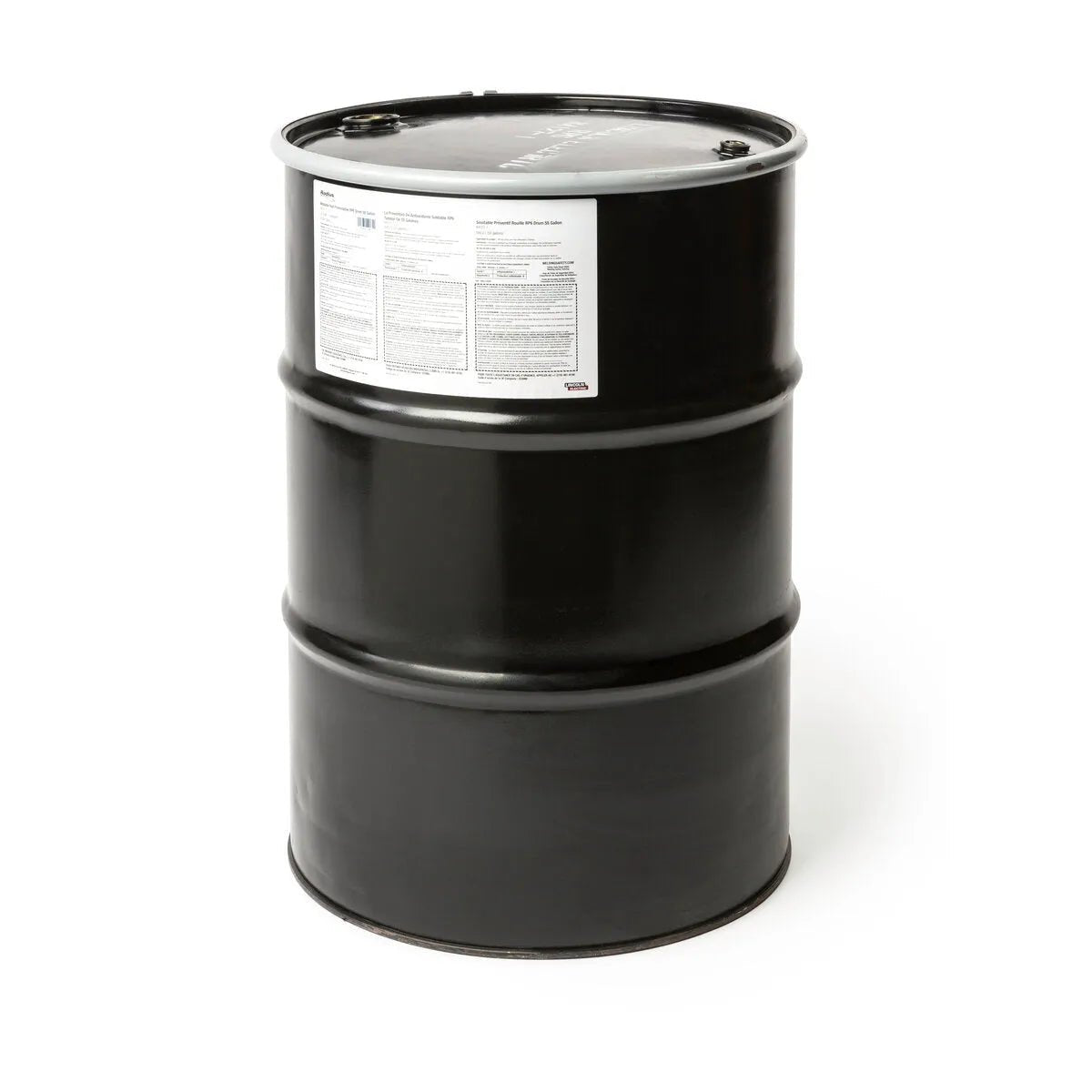 A large black 55-gallon drum labeled “Lincoln RP6 Weldable Rust Preventative Fluid K4127-1” stands upright on a white background. The sealed metal drum protects ferrous metals from corrosion and features a white label with diagrams and text.