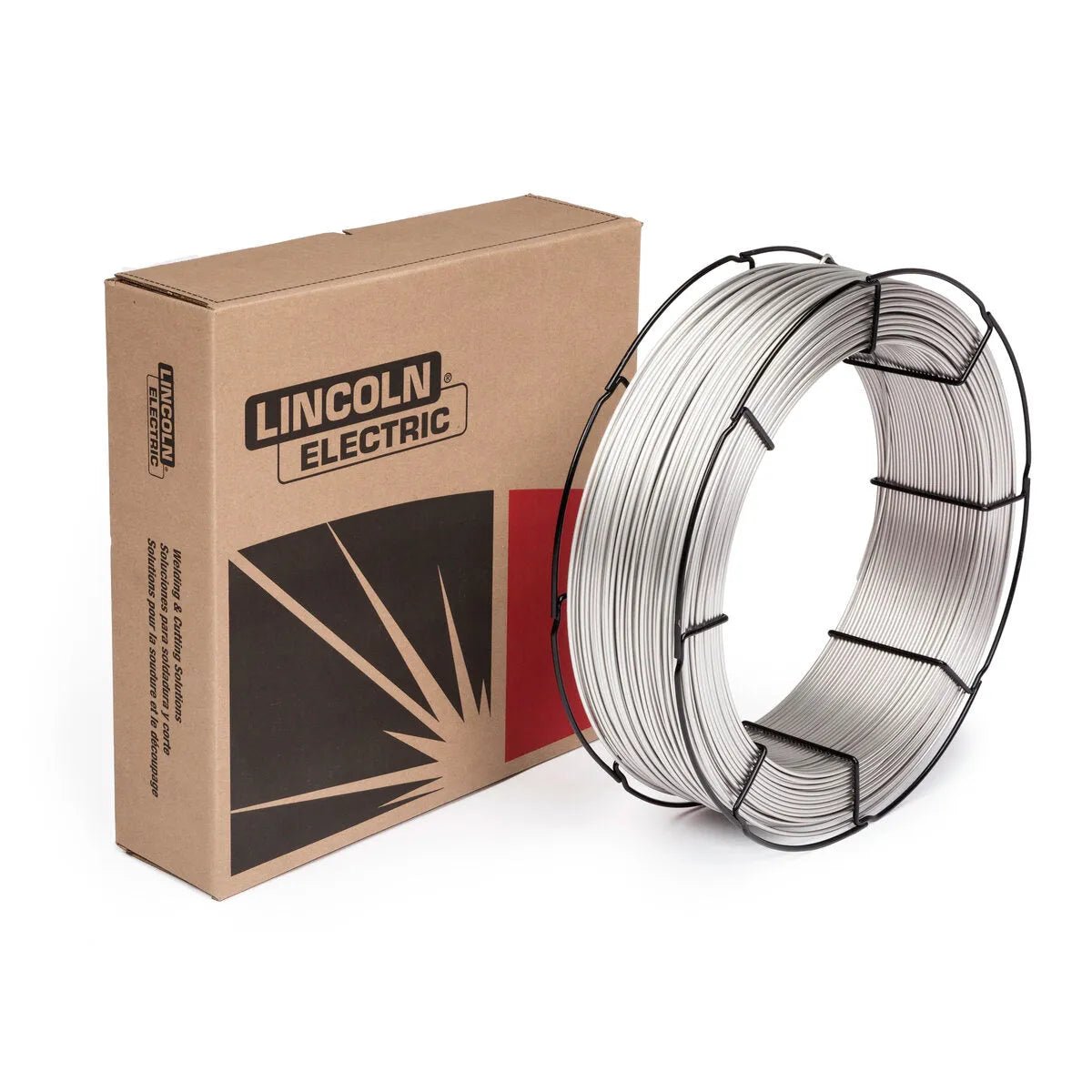 A 55 lb basket of Lincoln SA625093726 Techalloy 625 Submerged Arc (SAW) Wire, 3/32 in, with a black metal frame stands beside a brown Lincoln Electric box featuring bold black-and-red graphics on white.