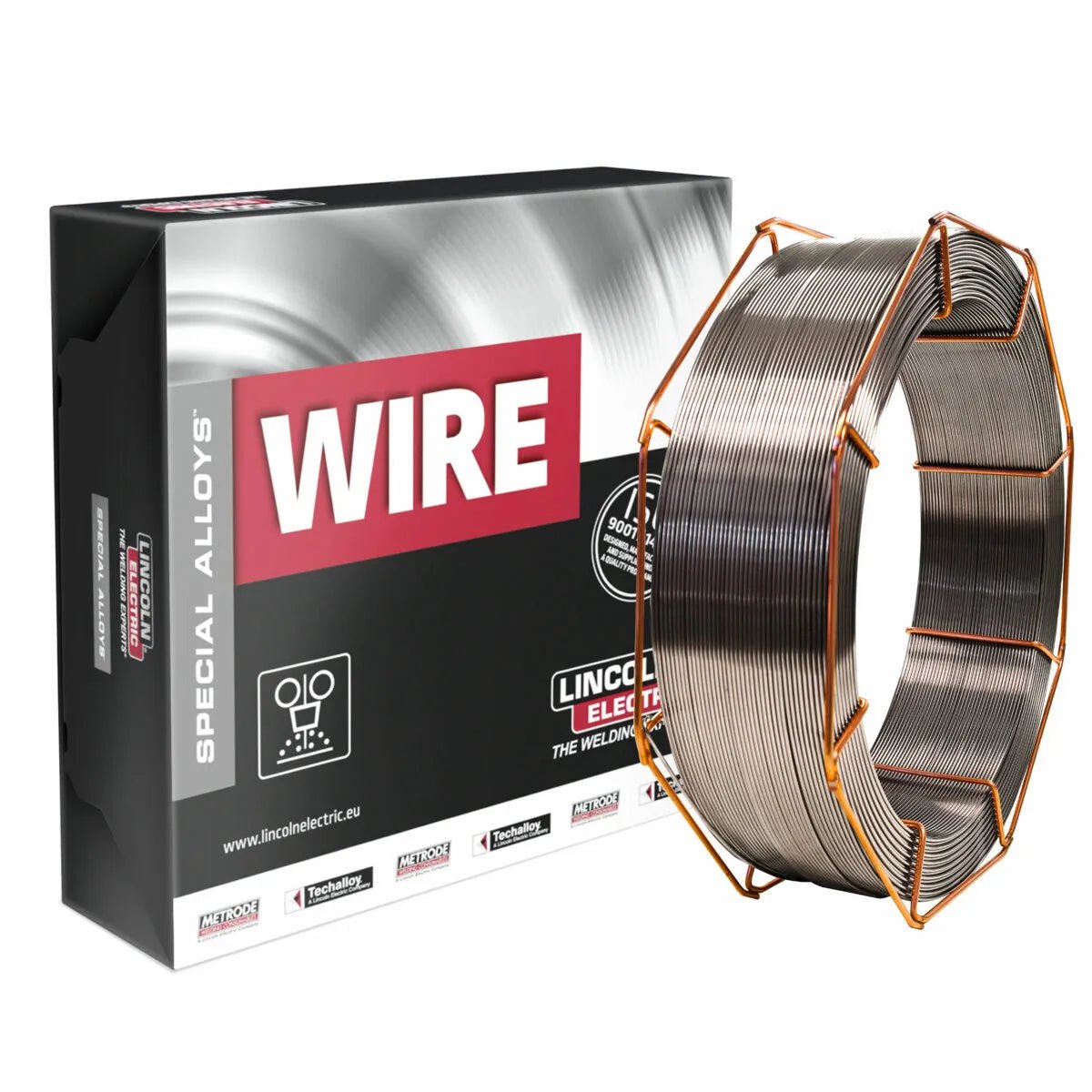Lincoln SA9CRMOVN-24 submerged arc welding wire spool with black and silver box, ideal for structural welds at WeldingMart.