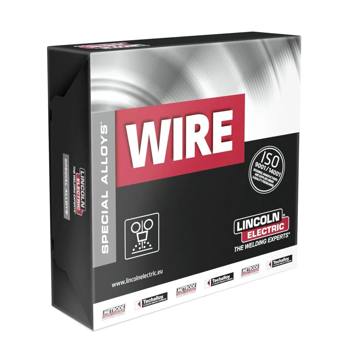 A black and silver box labeled “WIRE” in red and white, with “Special Alloys” below, contains Lincoln SA9CRWV-32 9CRWV Submerged Arc SAW Welding Wire (3.2 mm, 25 kg). The Lincoln Electric logo, icons, ISO 9001:14001 certification, and www.lincolnelectric.eu are featured.