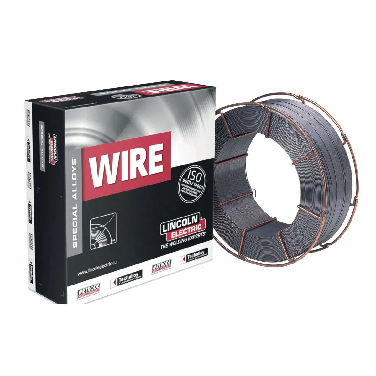A spool of flux cored wire is shown next to its packaging box labeled WIRE and Lincoln Electric. The box features various certifications and branding elements in red, white, and black.