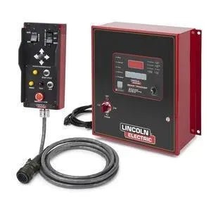 The Lincoln Seam Tracker Advanced Programming Control Package for CS40 (K52058-1) features a digital display, buttons, and indicator lights for welding automation, with a handheld remote and robust cable for advanced seam tracking.