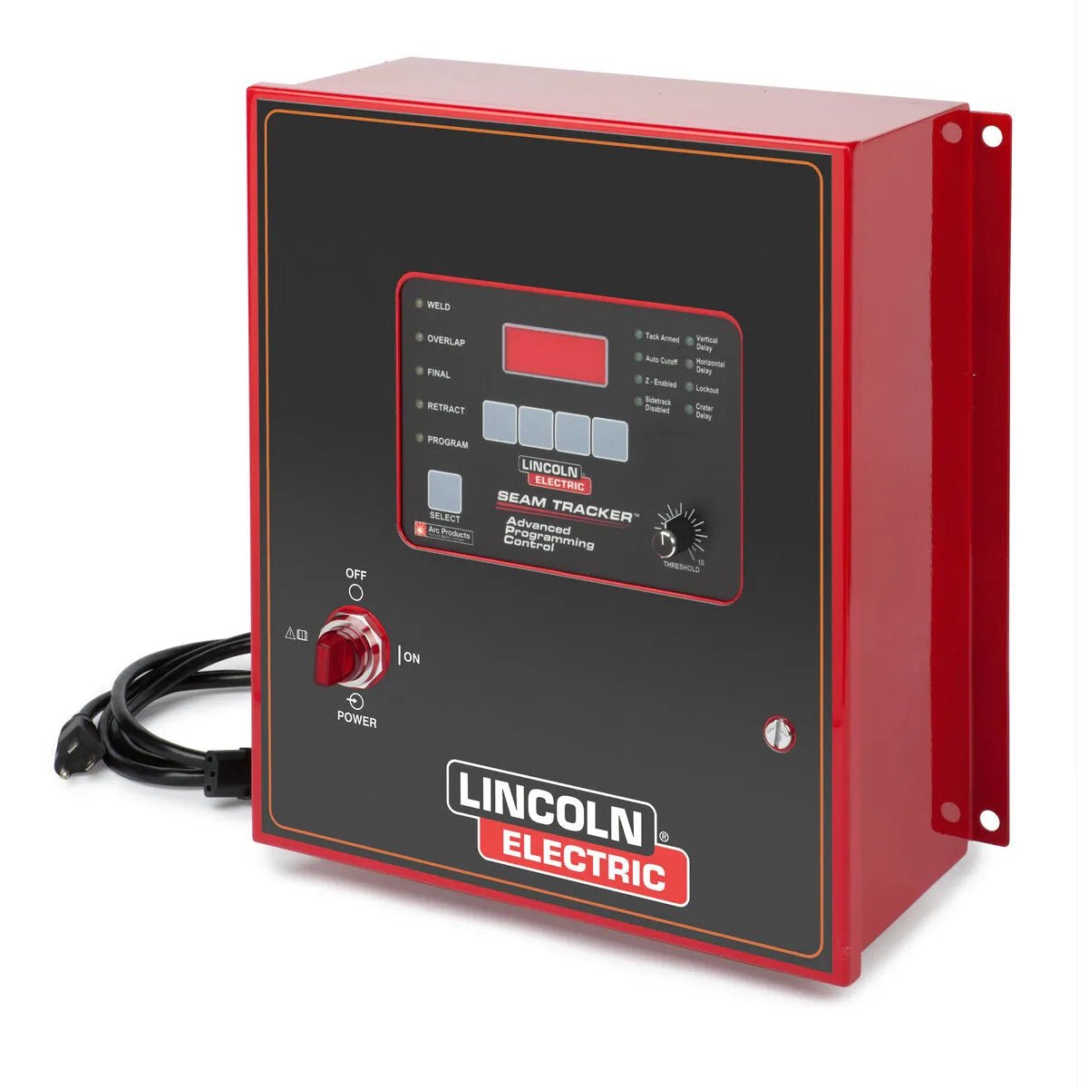 The Lincoln Seam Tracker Advanced Programming Control Unit K52021-1 is a red and black device with the LINCOLN ELECTRIC logo, screen, buttons, indicators, power switch, and cord. It supports automated seam tracking for welding.